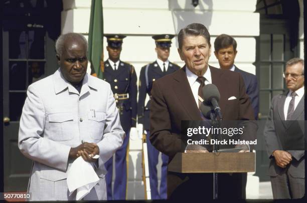 President Ronald W. Reagan making a speec during a ceremony for the President of Zambia Kenneth D. Kaunda.