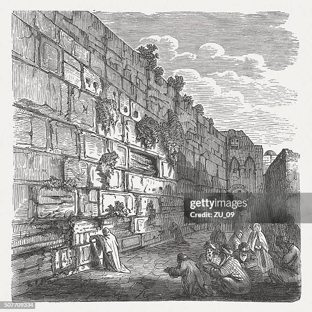 the wailing wall in jerusalem, wood engraving, published in 1882 - wailing wall stock illustrations