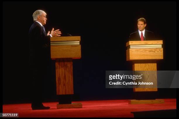 Republican vice presidential contender Jack Kemp & Democratic incumbent VP Al Gore during their election campaign debate at Bayfront Center.