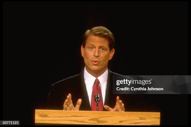 Democratic incumbent VP Al Gore speaking in serious portrait during election campaign debate w. Republican challenger Jack Kemp at Bayfront Center.