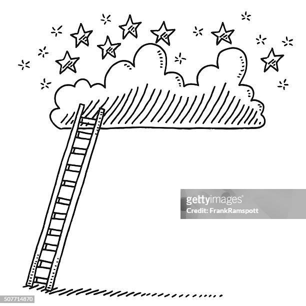 ladder up to a cloud with stars drawing - black and white sketch clouds stock illustrations