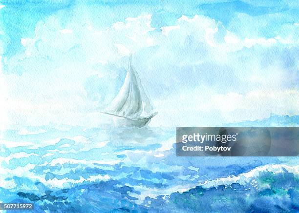 sea - watercolor painting - sailboat painting stock illustrations