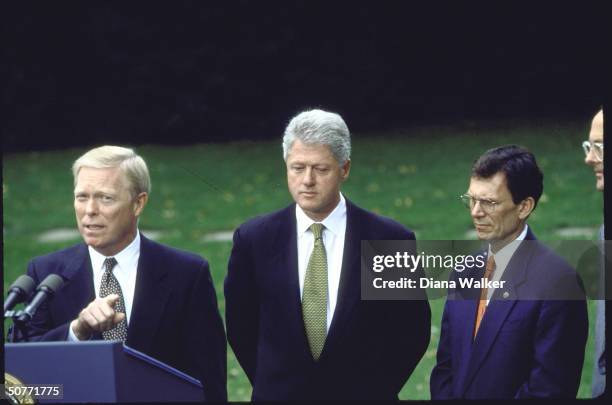 Pres. Bill Clinton w. Democratic congressional leaders Rep. Dick Gephardt & Sen. Tom Daschle at White House.