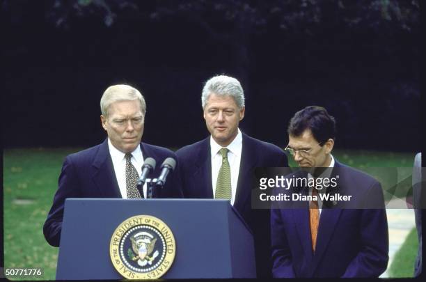 Pres. Bill Clinton w. Democratic congressional leaders Rep. Dick Gephardt & Sen. Tom Daschle at White House.