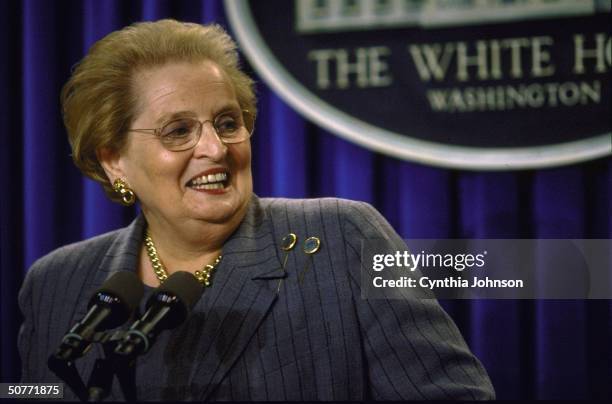 State Secy. Madeleine Albright speaking in White House press room in briefing on Israeli-Syrian peace process session.