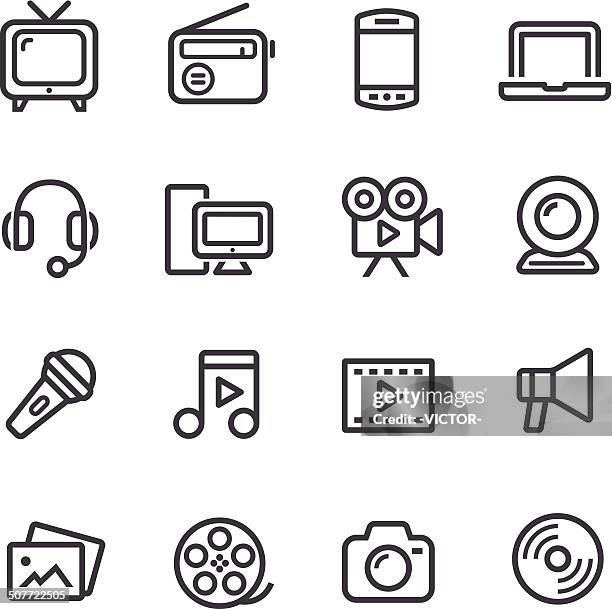 ilustraciones, imágenes clip art, dibujos animados e iconos de stock de multimedia iconos de línea serie - mp3 player
