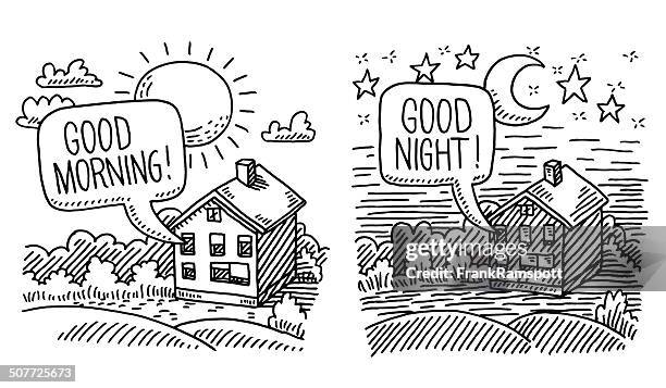 night day time comparison drawing - bed time stock illustrations
