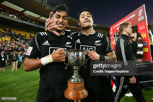 Ben Lam and Rieko Ioane of New Zealand celebrate after winning the 2016 Wellington Sevens cup final match between New Zealand and South Africa at...