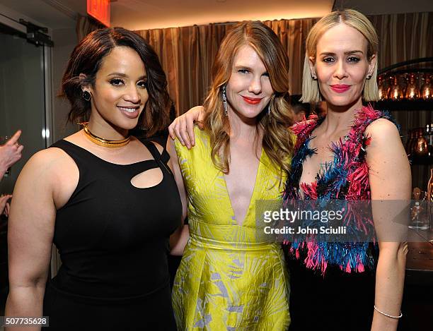 Actors Laverne Cox, Lily Rabe and Sarah Paulson attend the Weinstein Company & Netflix's 2016 SAG after party hosted by Absolut Elyx at Sunset Tower...