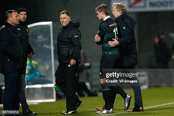 Coach Ron Jans of PEC Zwolle, coach Erwin van de Looi of FC Groningen, Alexander Sorloth of FC Groningen, caretaker Henk Hagenauw of FC Groningen...