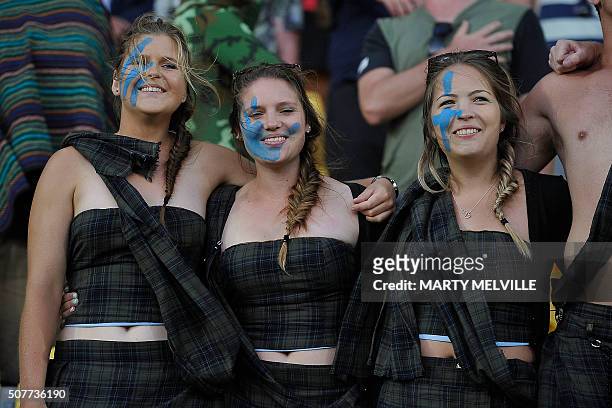 Sevens fans stand during the cup final on the second day of the Wellington Sevens rugby Union tournament at Westpac Stadium in Wellington on January...