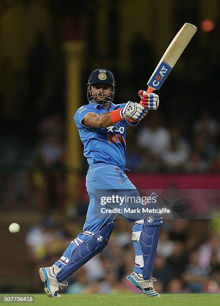 Suresh Raina of India bats during the International Twenty20 match between Australia and India at Sydney Cricket Ground on January 31, 2016 in...