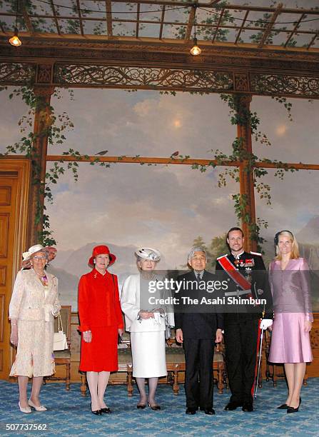 Princess Astrid, Queen Sonja, Emperor Akihito, Empress Michiko Crown Prince Haakon and Crown Princess Mette-Marit pose for photographs during the...