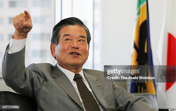 Japan Football Association President Saburo Kawabuchi speaks during the Asahi Shimbun interview at the JFA House on May 25, 2005 in Tokyo, Japan.