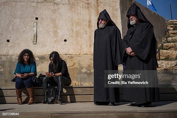 Members of Armenian church of Jerusalem and Armenian pilgrims make a pilgrimage to the baptism site for the Epiphany ceremony on January 31, 2016 in...