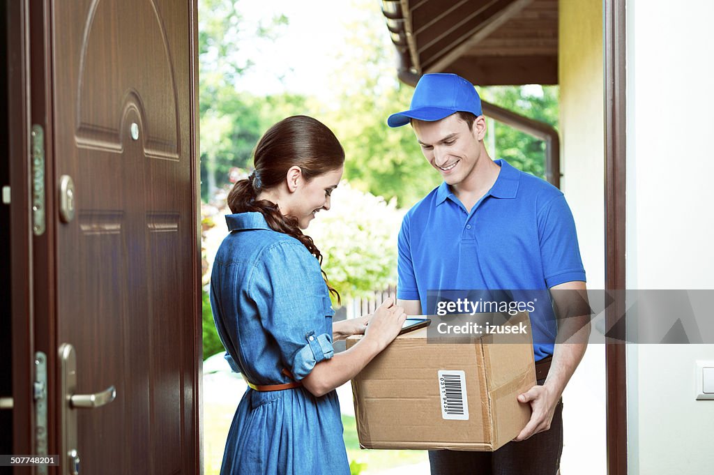 Courier delivering package