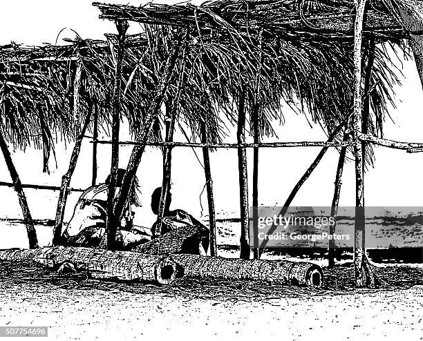 couple under palapa at beach - bocas del toro stock illustrations