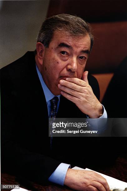 Russian PM Yevgeni Primakov in pensive portrait.