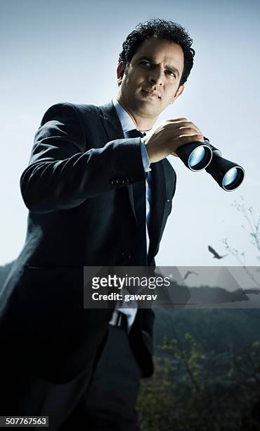 businessman with binoculars in nature - spy glass businessman stock pictures, royalty-free photos & images