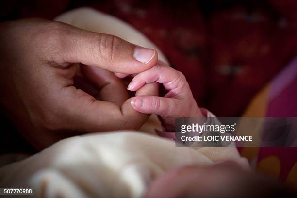 Picture taken on April 22, 2011 shows a mother holding her newborn child's hand in Mont-de-Marsan, southwestern France. Breastfeeding more babies for...