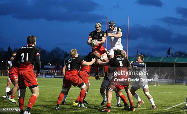 Kelly Brown of Saracens wins the lineout ball during the Aviva Premiership match between Saracens and Bath at Allianz Park on January 30, 2016 at...