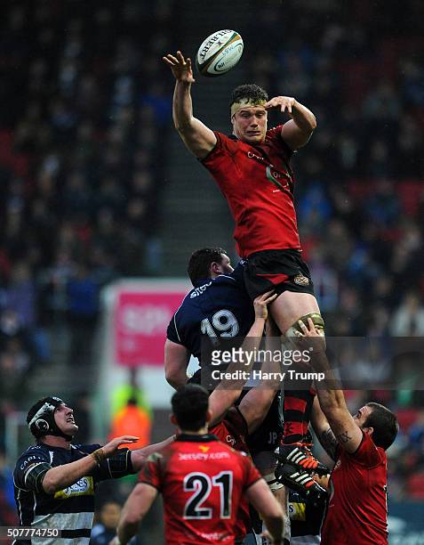 Will Rowlands of Jersey wins the line out ahead of James Phillips of Bristol during the Greene King IPA Championship match between Bristol and Jersey...