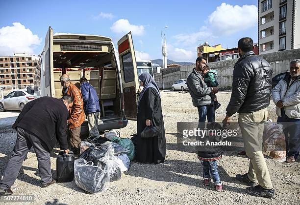 Turkmen families, fled from their homes due to Russian and Assad Regime forces attacks to Turkmen villages in Lattakia, arrive Yayladagi YIBO camp in...