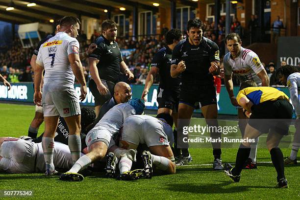 Newcastle Falcons players react as Rob Vickers of Newcastle Falcons scores a try late in the second half to give Newcastle a 26-19 win over...