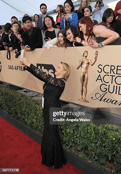 Executive VP Gabrielle Carteris poses for a 'selfie' with fans at the 22nd Annual Screen Actors Guild Awards at The Shrine Auditorium on January 30,...