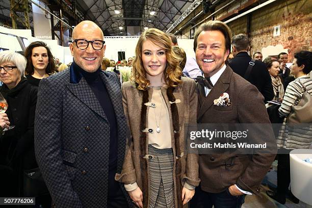Thomas Rath, Amelie Klever and Sandro Rath attend the Platform Fashion Selected show during Platform Fashion January 2016 at Areal Boehler on January...