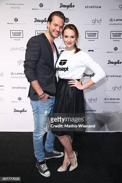 Marvin Albrecht and Anna Hofbauer attend the Platform Fashion Selected show during Platform Fashion January 2016 at Areal Boehler on January 31, 2016...