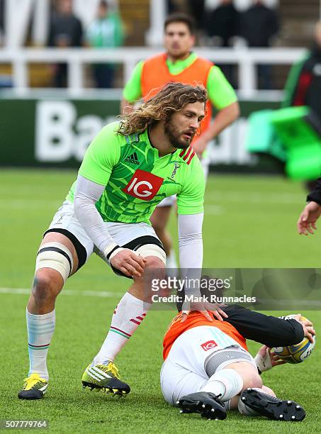 Luke Wallace of Harlequins warming up with his team mates ahead of the Aviva Premiership match between Newcastle Falcons and Harlequins on January...