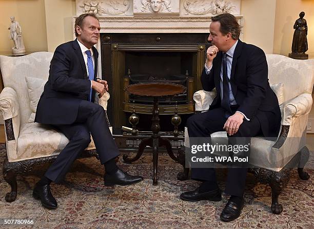 British Prime Minister David Cameron speaks with European Council President Donald Tusk at Downing Street on January 31, 2016 in London, Britain.