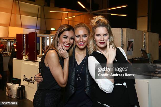 Jana Ina Zarrella, Alena Gerber and Monica Ivancan attend the Platform Fashion Selected show during Platform Fashion January 2016 at Areal Boehler on...