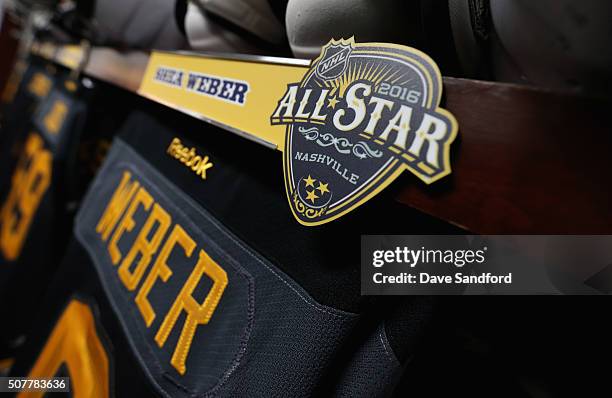 The logo for the 2016 NHL All-Star game is seen on the locker stall of Shea Weber of the Nashville Predators in the Western Conference locker room...