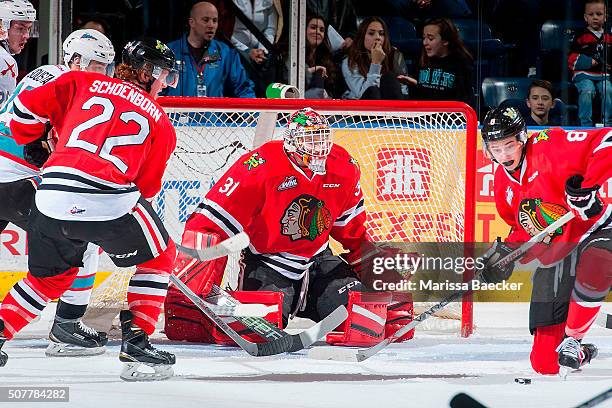 Adin Hill of Portland Winterhawks defends the net against the Kelowna Rockets on January 29, 2016 at Prospera Place in Kelowna, British Columbia,...