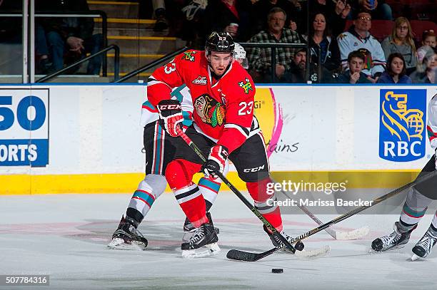 Dominic Turgeon of Portland Winterhawks passes the puck against the Kelowna Rockets on January 29, 2016 at Prospera Place in Kelowna, British...