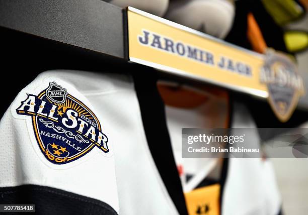 The logo for the 2016 NHL All-Star game is seen on the jersey of Jaromir Jagr of the Florida Panthers hanging in the Eastern Conference locker room...