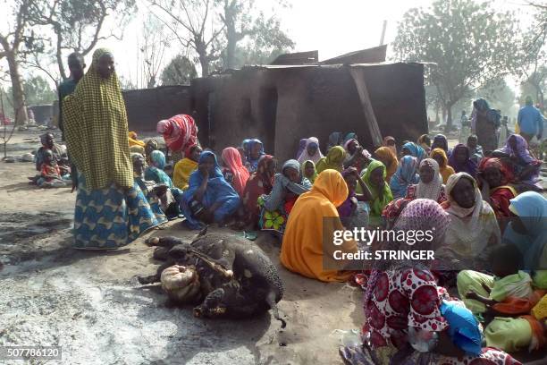 Women sit beside the burnt carcass of a cow after Boko Haram attacks at Dalori village on the outskirts of Maiduguri in northeastern Nigeria on...