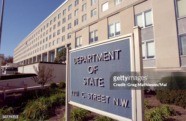The entrance of the main offices of the United States Department of State located on C St in Washington, DC. Which was recently named the Harry S....