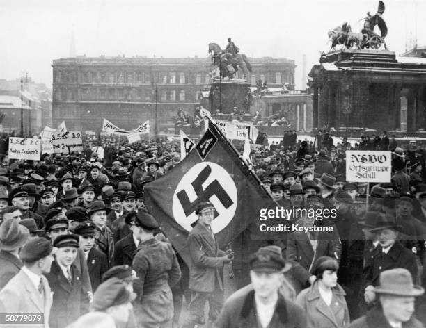 Members of the NSBO - a left-wing Nazi union, demostrate in Berlin during the German general election campaign of 1933.
