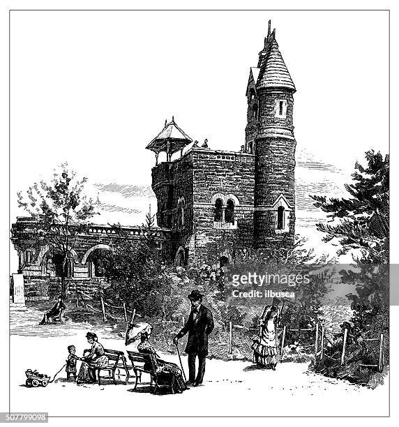 antique illustration of the belvedere, central park, new york - belvedere castle manhattan stock illustrations