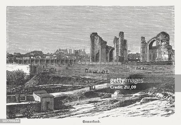 ruins of bibi-khanym mosque in samarkand, published in 1882 - bibi khanum mosque stock illustrations