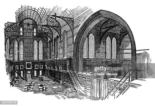 antique illustration of columbia college - interior of the library - columbia missouri stock illustrations