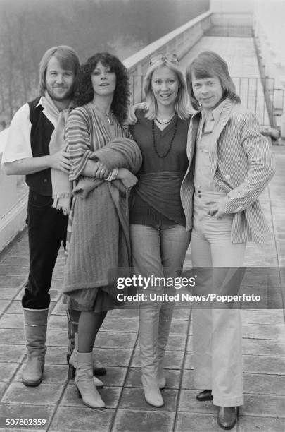 Swedish pop group Abba in London on 16th February 1977. From left to right: Benny Andersson, Anni-Frid Lyngstad, Agnetha Faltskog and Bjorn Ulvaeus.