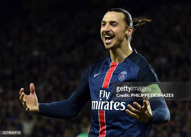 Paris Saint-Germain's Swedish forward Zlatan Ibrahimovic celebrates after scoring a goal during the Ligue1 football match between AS Saint-Etienne...