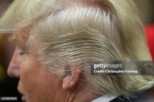 Detail of Republican presidential candidate Donald Trump's hair as he signs autographs after a campaign rally at the Gerald W. Kirn Middle School on...