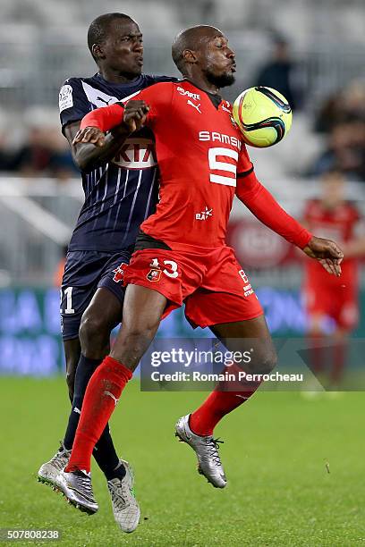 Giovanni Sio for Rennes and Cedric Yambere for Bordeaux battle for the Ball during the French Ligue 1 match between FC Girondins de Bordeaux and...