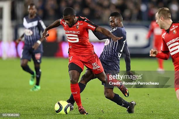 Jeremie Boga for Rennes and Andre Biyogo Poko for Bordeaux battle for the Ball during the French Ligue 1 match between FC Girondins de Bordeaux and...