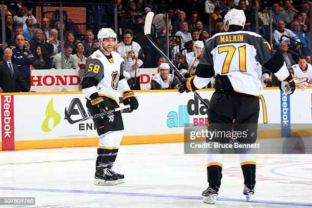 Kris Letang of the Pittsburgh Penguins celebrates with Evgeni Malkin of the Pittsburgh Penguins after scoring a goal during the Eastern Conference...